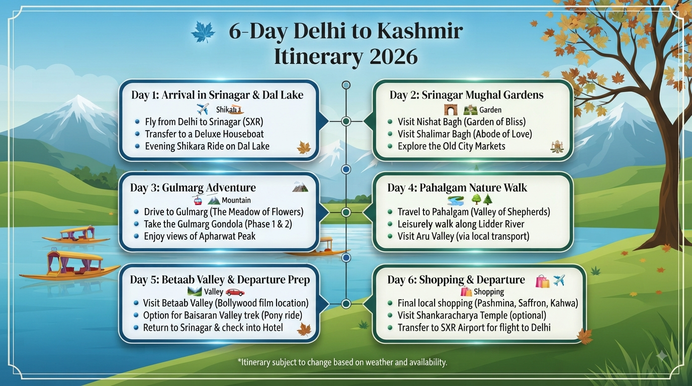 Delhi to Kashmir tour package with price - 6-day itinerary infographic