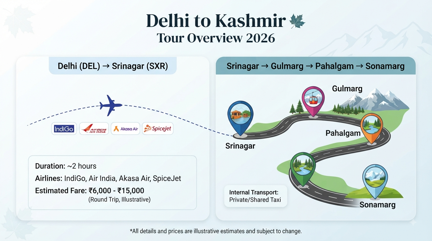  Delhi to Kashmir tour package with price - tour overview infographic with flight and route details