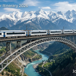 Delhi to Srinagar train tour itinerary - Vande Bharat Express crossing Chenab Bridge in the Himalayas