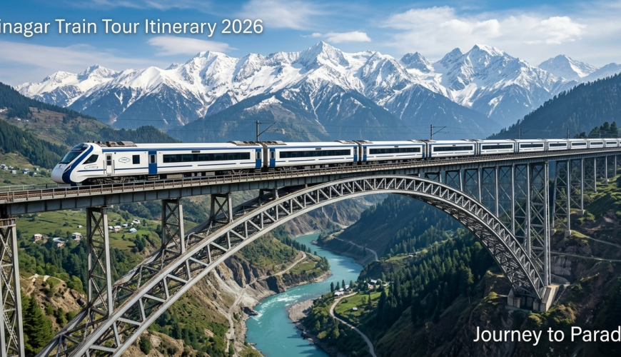 Delhi to Srinagar train tour itinerary - Vande Bharat Express crossing Chenab Bridge in the Himalayas