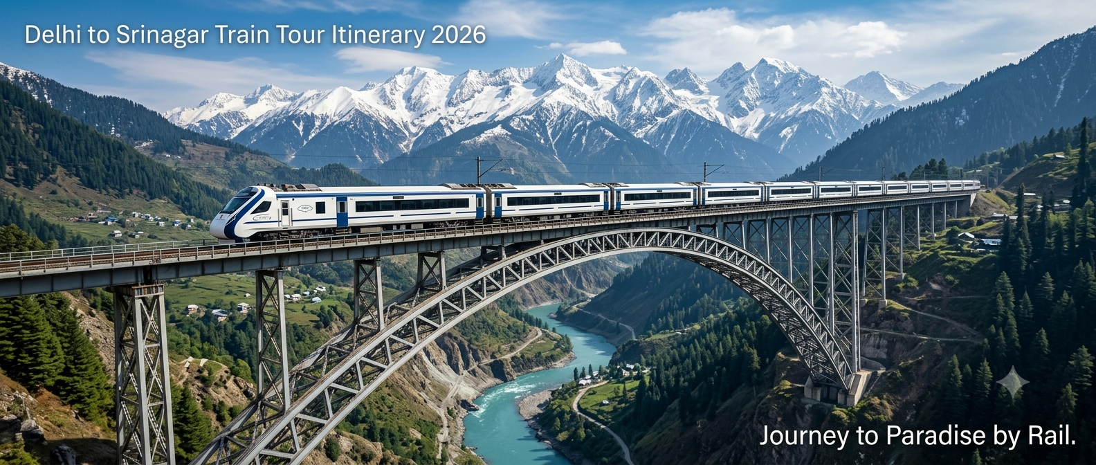 Delhi to Srinagar train tour itinerary - Vande Bharat Express crossing Chenab Bridge in the Himalayas
