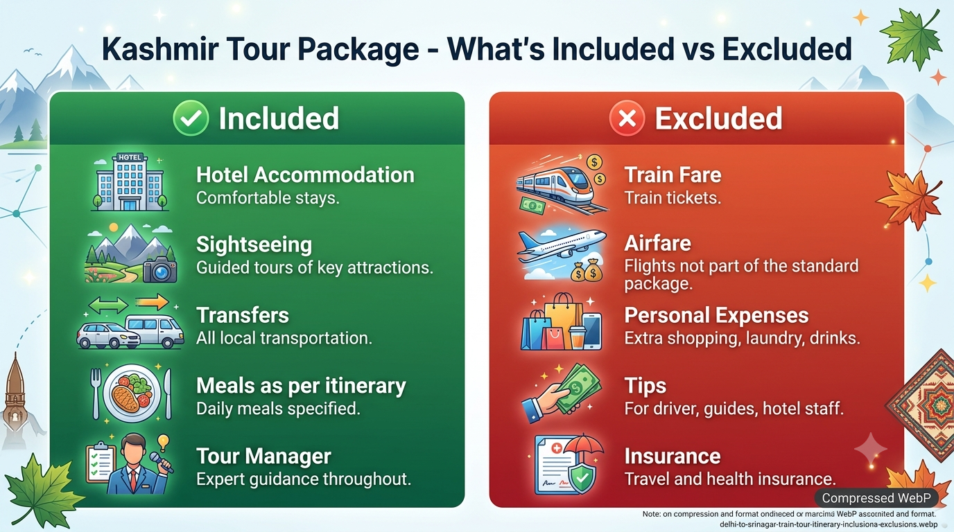 Delhi to Srinagar train tour itinerary - inclusions vs exclusions