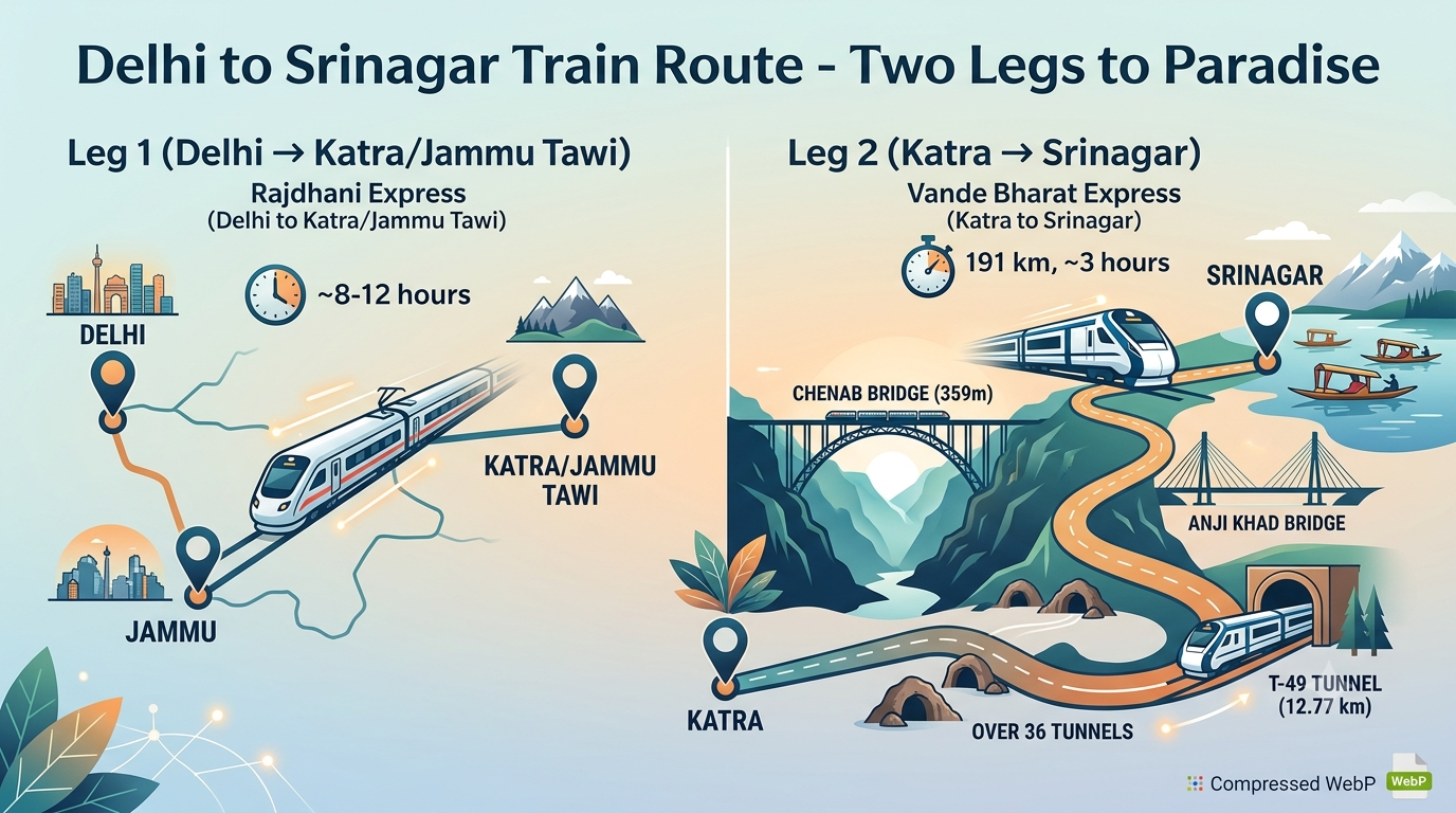  Delhi to Srinagar train tour itinerary - route map infographic showing two-leg journey