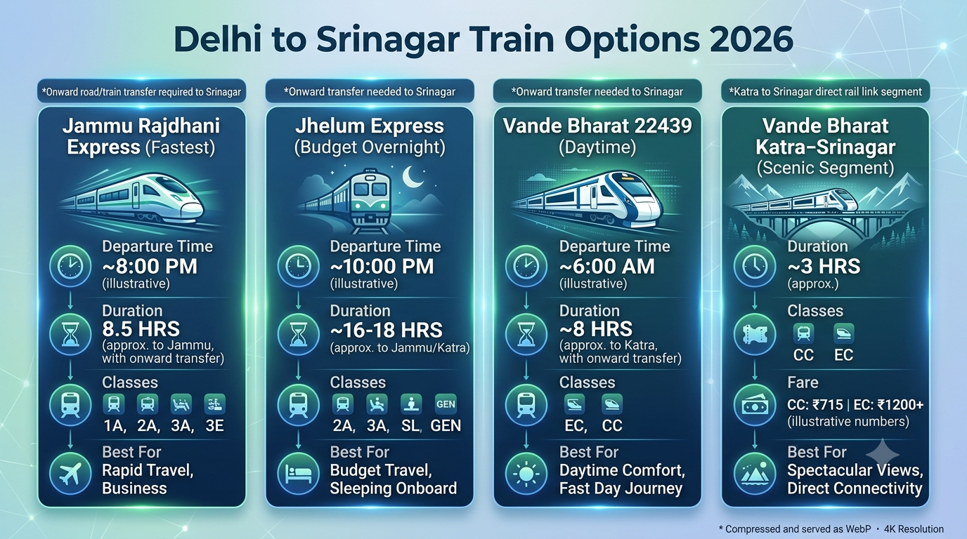 Delhi to Srinagar train tour itinerary - train options comparison 