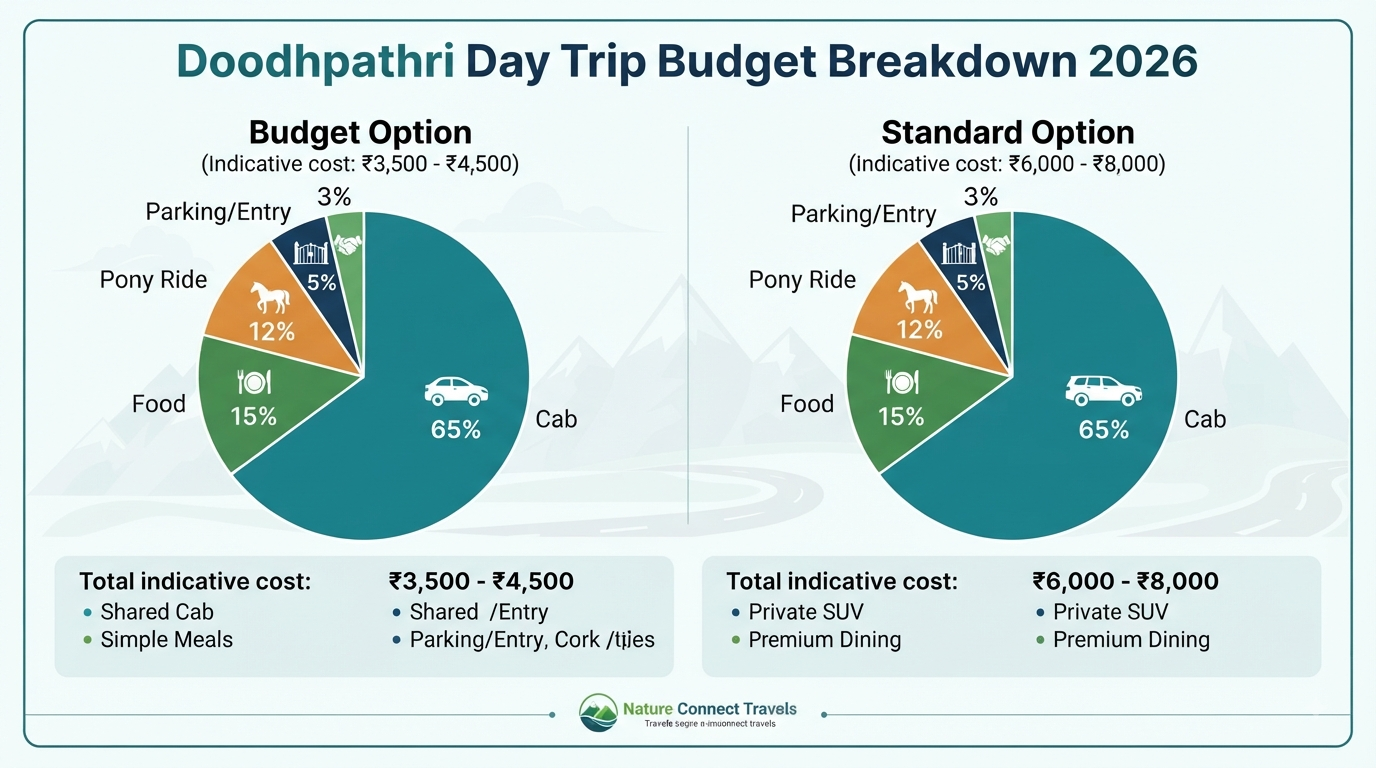 Doodhpathri day trip cab price - budget breakdown infographic showing total trip costs