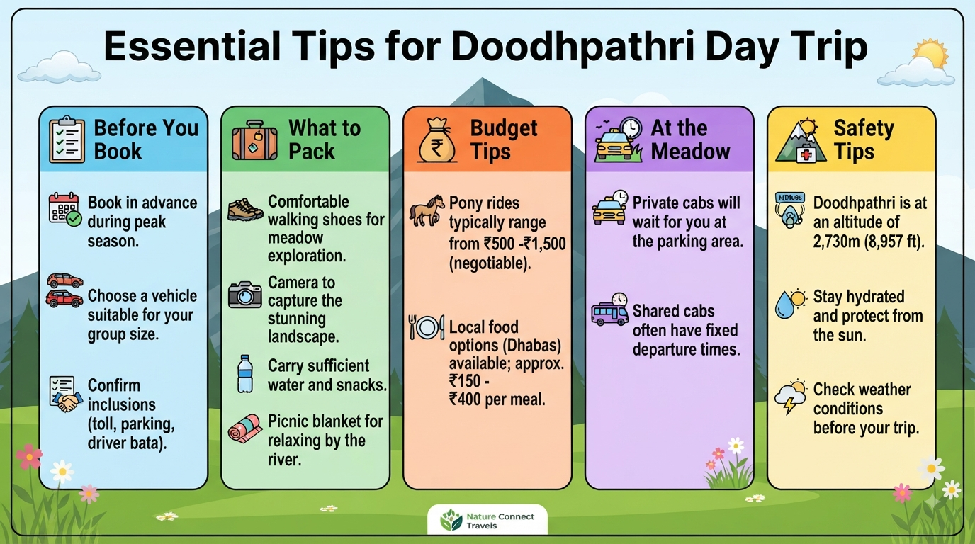 Doodhpathri day trip cab price - essential travel tips infographic.