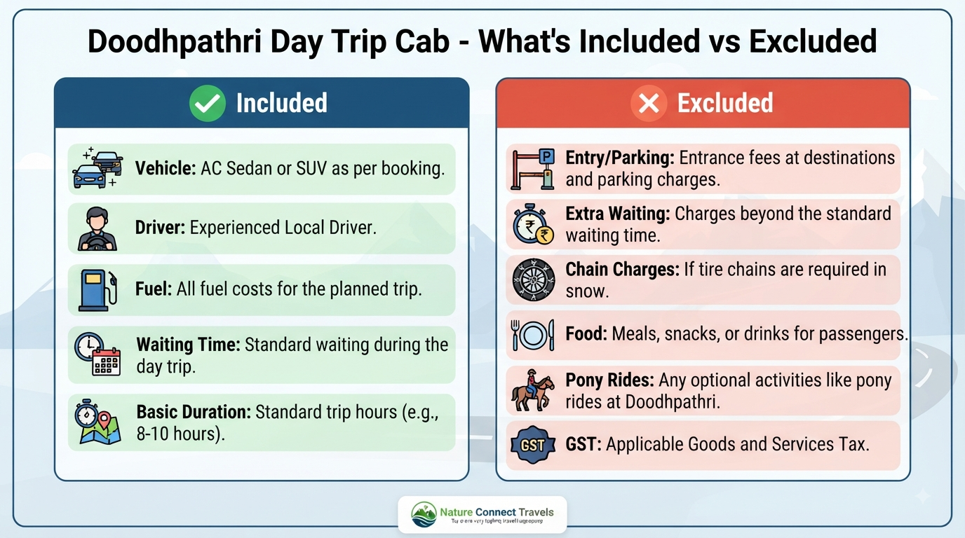  Doodhpathri day trip cab price - inclusions vs exclusions infographic showing what's included and what's extra