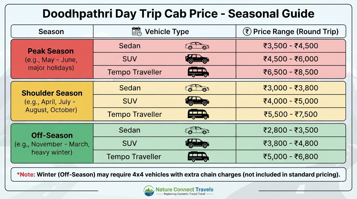 Doodhpathri day trip cab price - seasonal price guide infographic showing variations