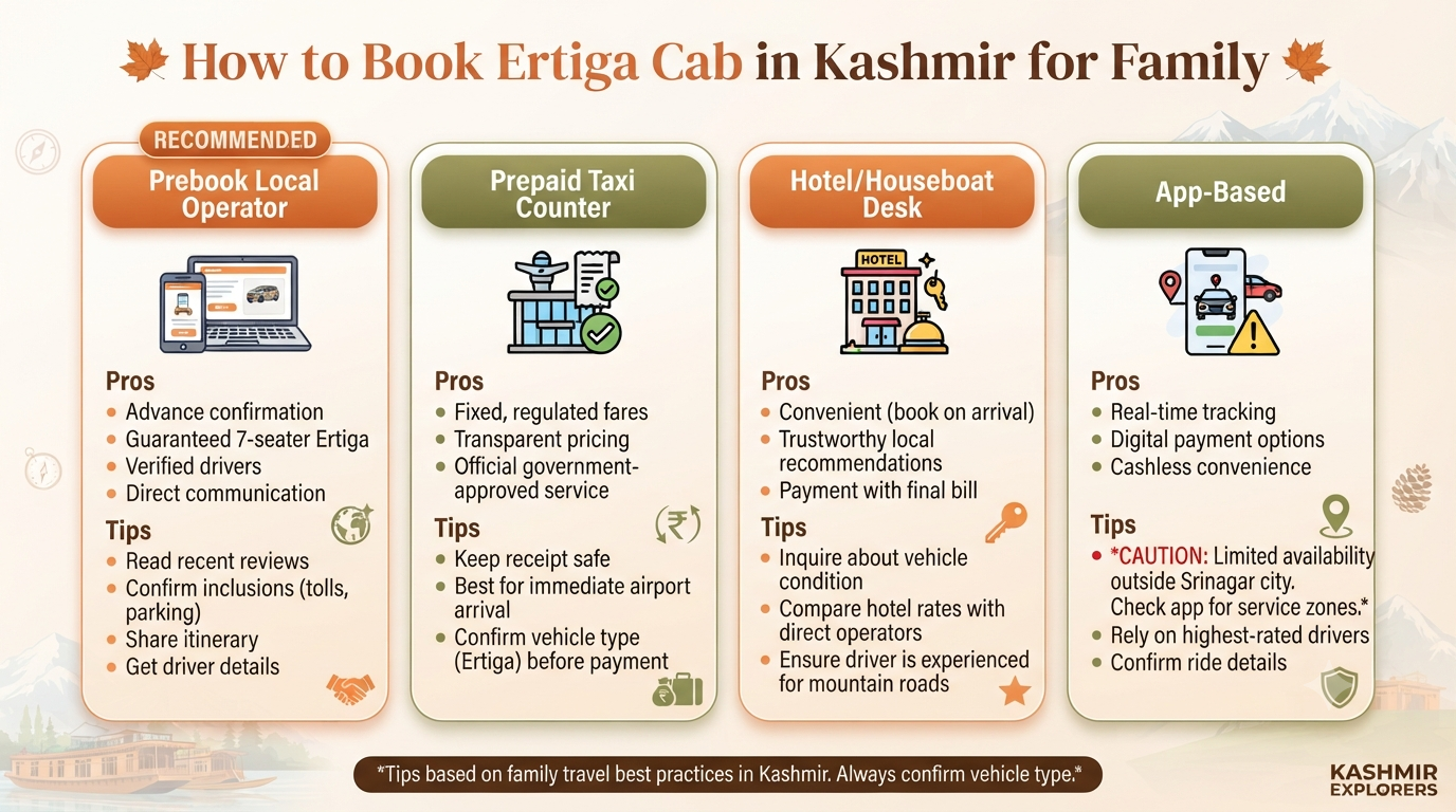 Ertiga cab booking Kashmir for family - booking methods infographic local operator prepaid counter hotel desk app