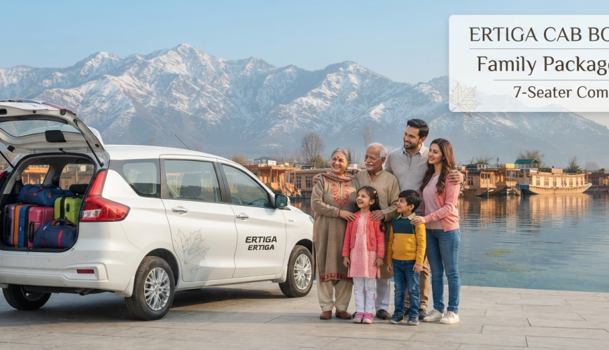 Ertiga cab booking Kashmir for family - happy family with Ertiga at scenic Kashmir location Nature Connect Travels