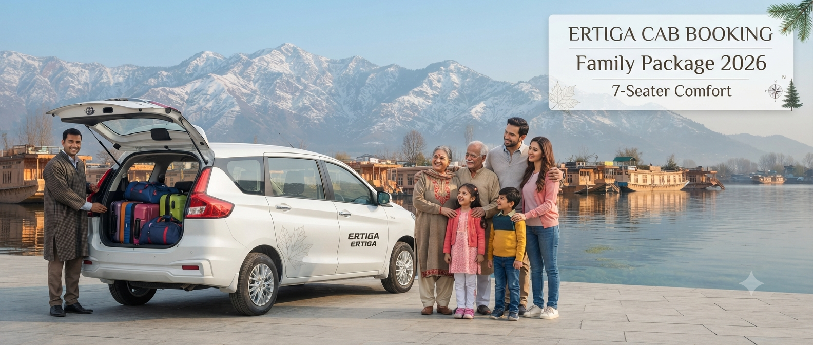 Ertiga cab booking Kashmir for family - happy family with Ertiga at scenic Kashmir location Nature Connect Travels