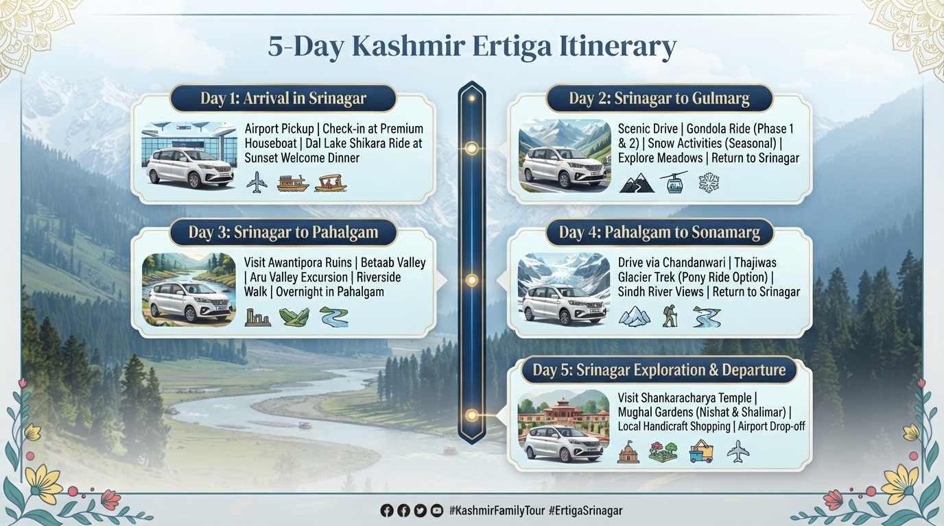 Ertiga Cab Booking Srinagar 2026 | ₹2,600/Day | Book Now 16 Ertiga cab booking Srinagar - frequently asked questions infographic