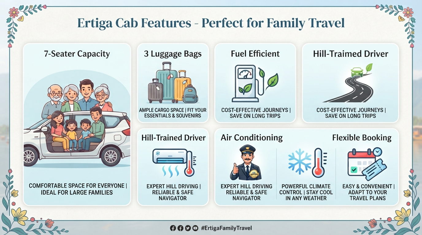 Ertiga Cab Booking Srinagar 2026 | ₹2,600/Day | Book Now 10 Ertiga cab booking Srinagar - vehicle features infographic