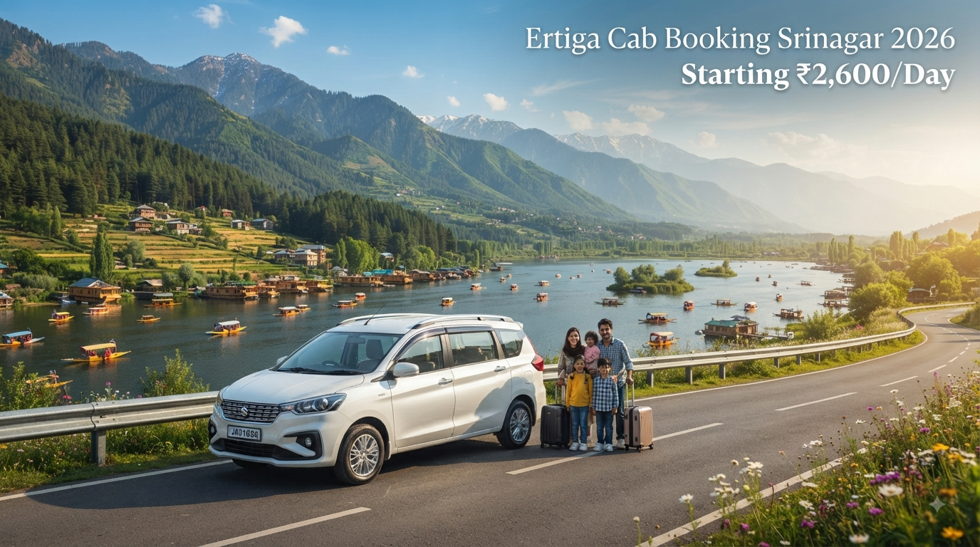 Ertiga cab booking Srinagar - white Ertiga SUV on scenic Kashmir road