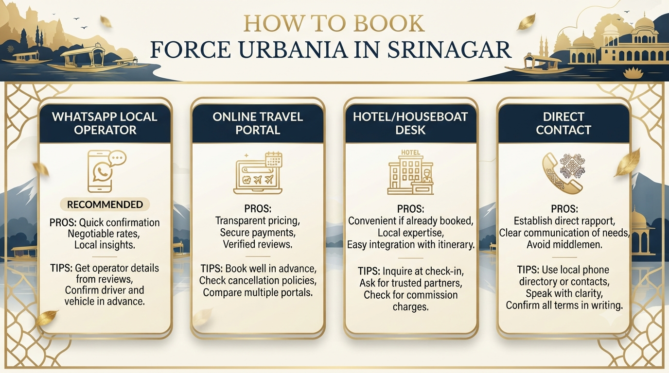 Force Urbania Booking Srinagar 2026 | ₹8,500-₹18,000 11 Force Urbania booking Srinagar - booking methods infographic WhatsApp operator online portal hotel desk direct contact