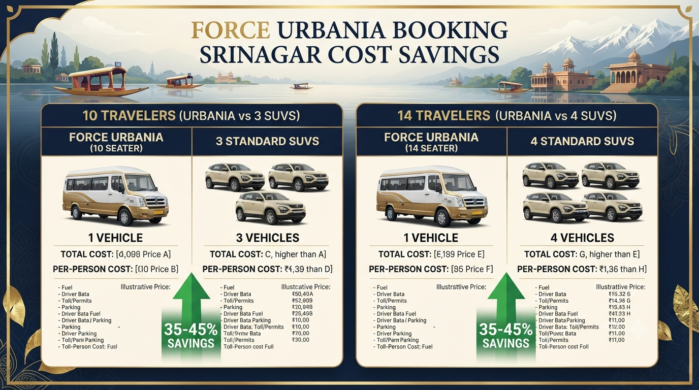 Force Urbania Booking Srinagar 2026 | ₹8,500-₹18,000 12 Force Urbania booking Srinagar - cost savings infographic vs multiple SUVs