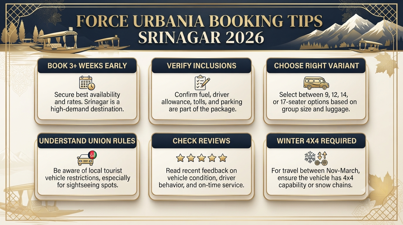 Force Urbania Booking Srinagar 2026 | ₹8,500-₹18,000 13 Force Urbania booking Srinagar - essential tips infographic