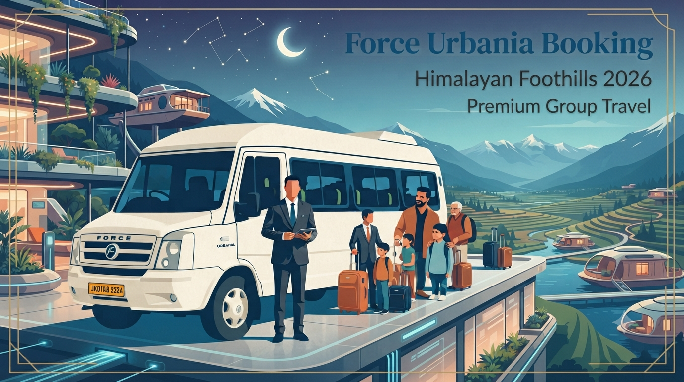 Force Urbania booking Srinagar - premium Force Urbania tempo traveller with group at scenic Dal Lake location Nature Connect Travels