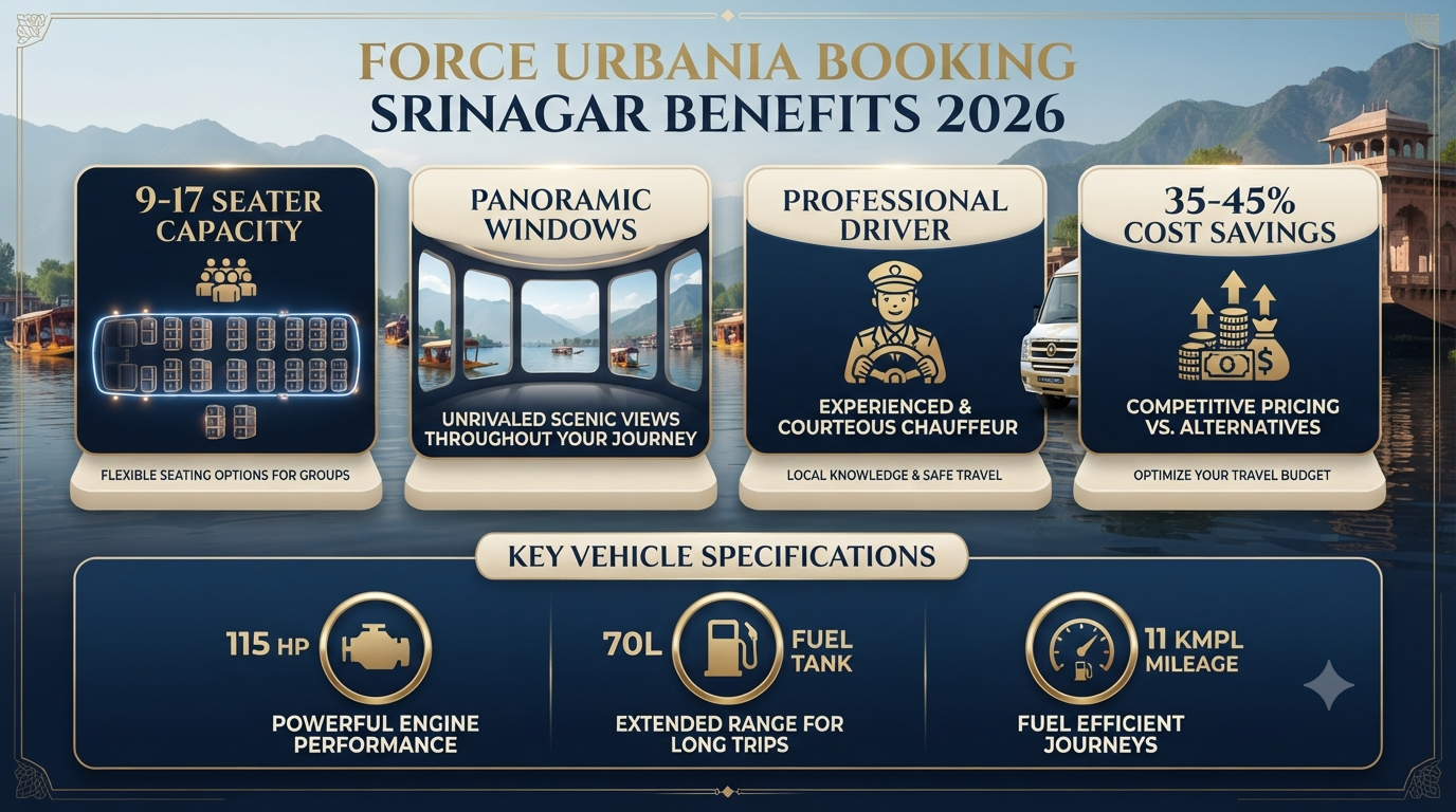 Force Urbania Booking Srinagar 2026 | ₹8,500-₹18,000 9 Force Urbania booking Srinagar - premium features infographic seating capacity panoramic windows cost savings