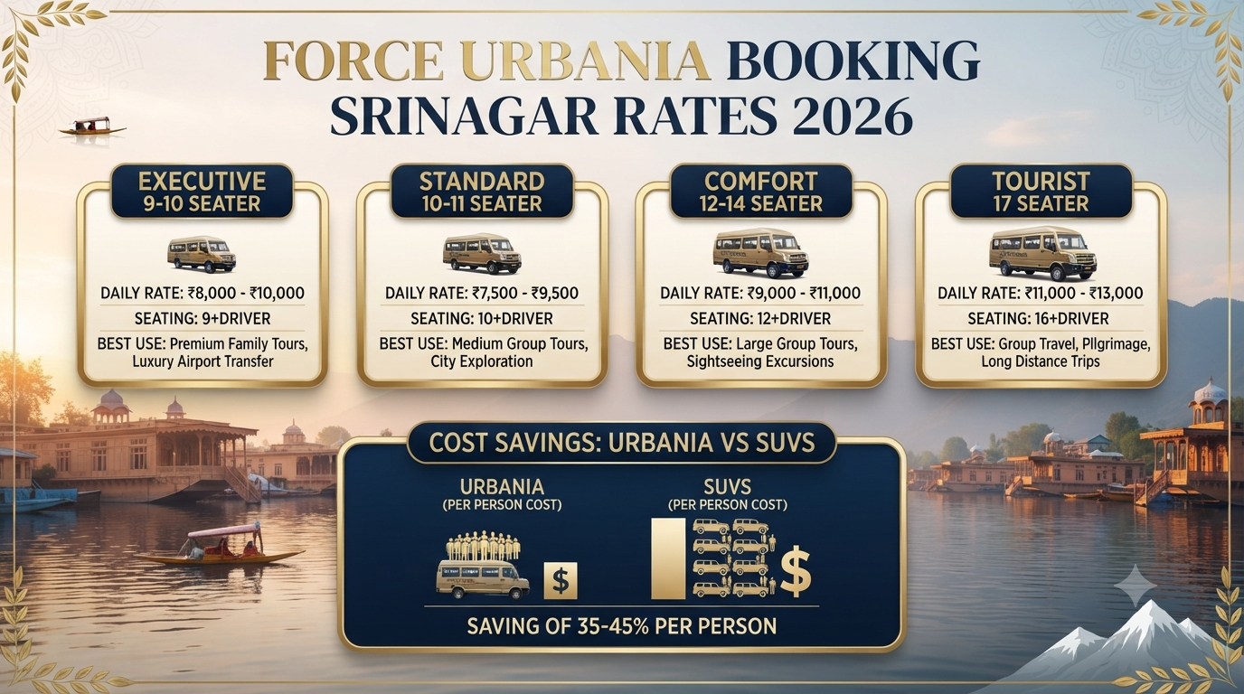 Force Urbania Booking Srinagar 2026 | ₹8,500-₹18,000 10 Force Urbania booking Srinagar - pricing comparison infographic variants rates cost savings