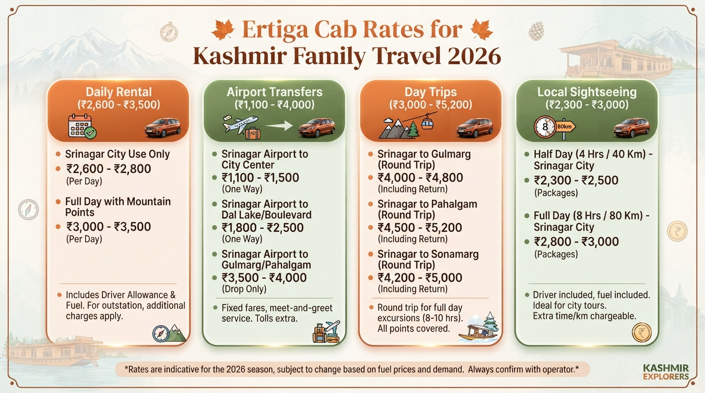 Ertiga cab booking Kashmir for family - pricing comparison infographic daily rental airport transfers day trips sightseeing
