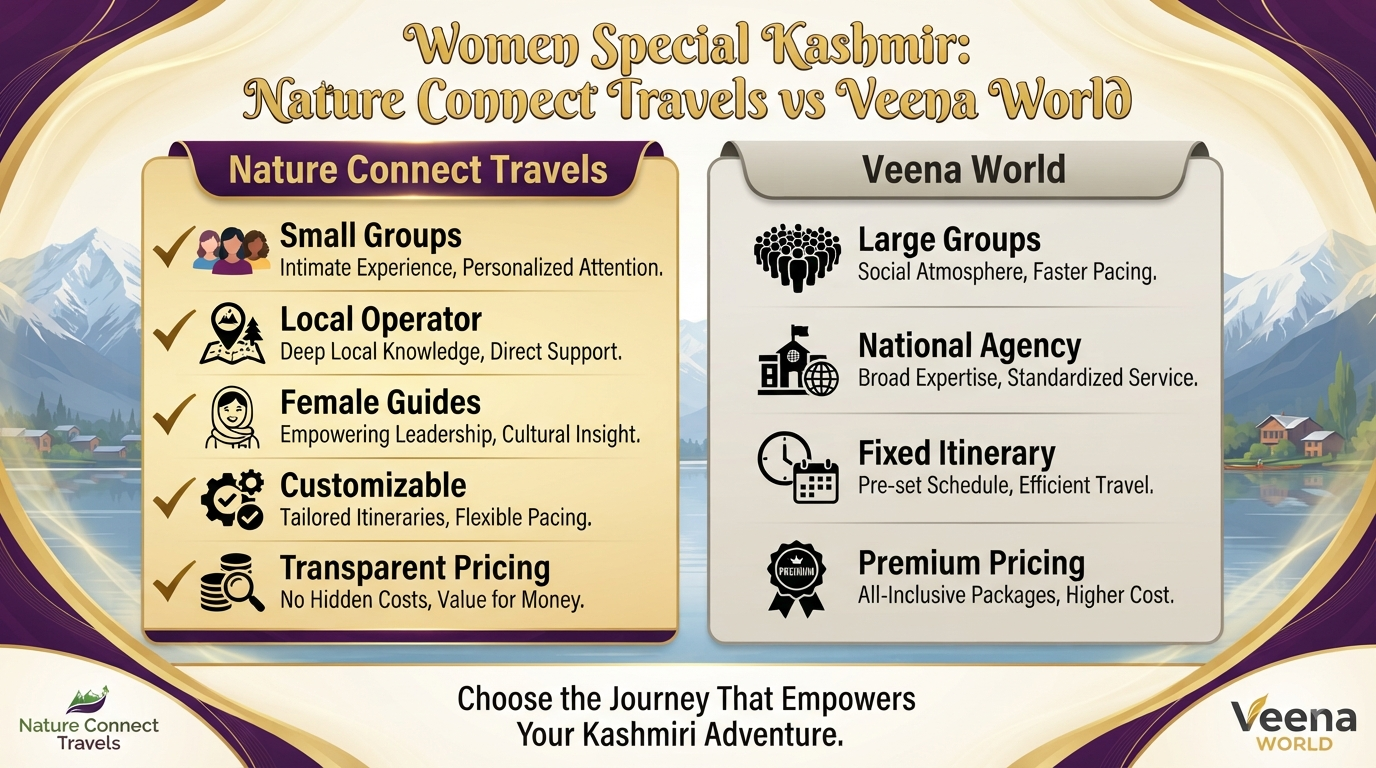 Women Special Kashmir Tour 2026 | Nature Connect Travels | Safe & Premium 9 Veena World Women special Kashmir tour - Nature Connect Travels vs Veena World comparison infographic