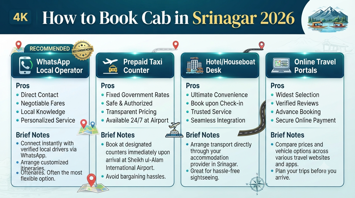 Cab booking Srinagar - booking options infographic WhatsApp operator prepaid counter hotel desk online portal