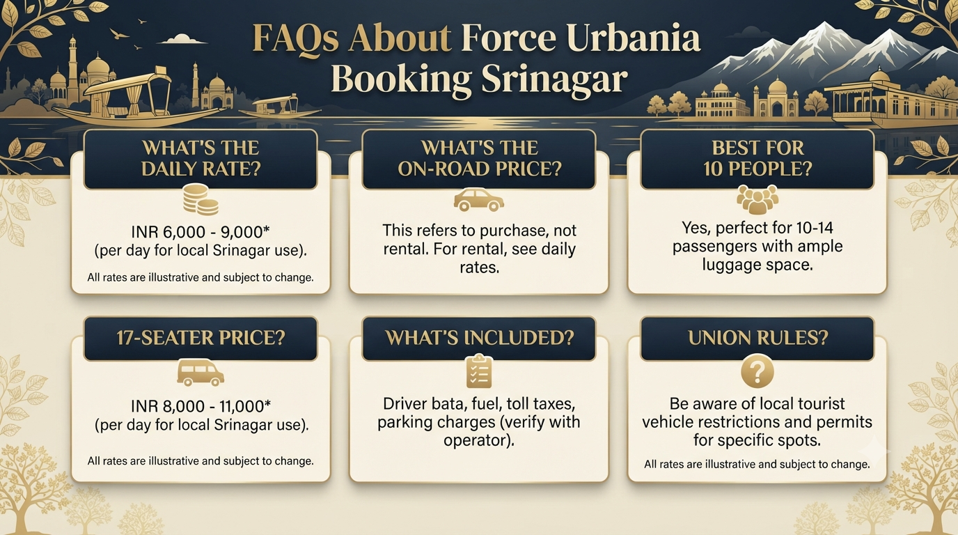 Force Urbania Booking Srinagar 2026 | ₹8,500-₹18,000 14 Force Urbania booking Srinagar - frequently asked questions infographic
