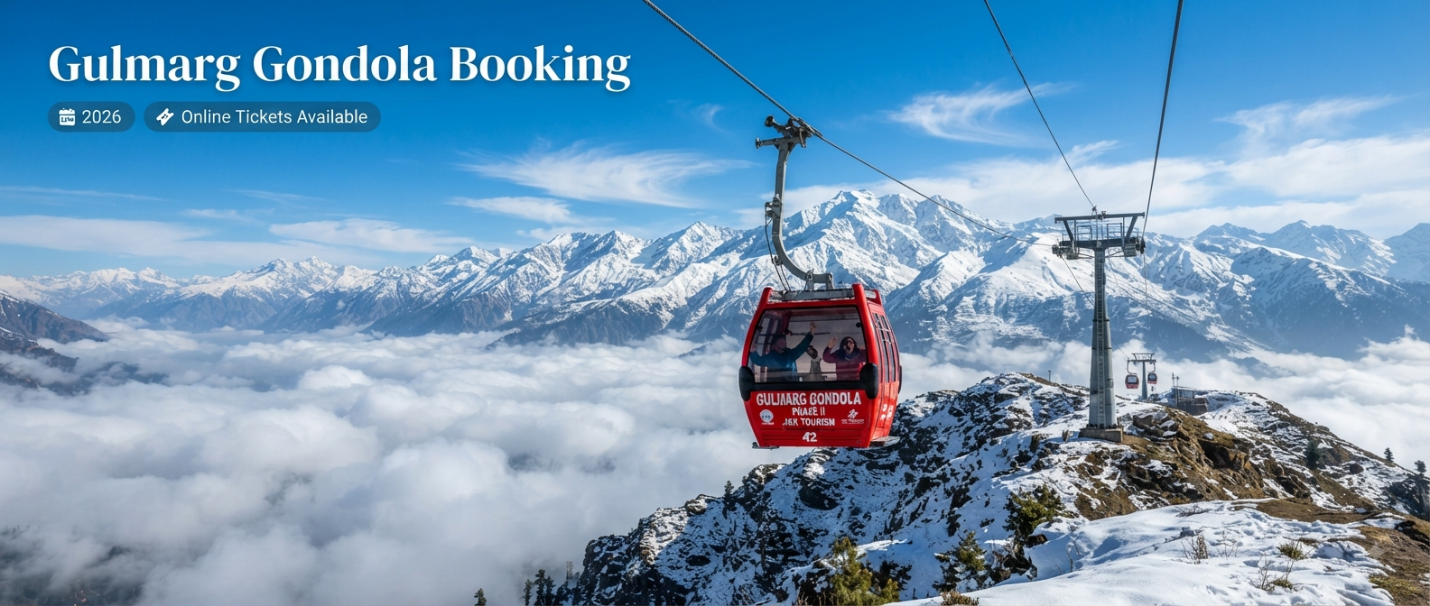 Gulmarg Gondola ticket booking online - cable car ascending above snow-capped Himalayan peaks with Nature Connect Travels
