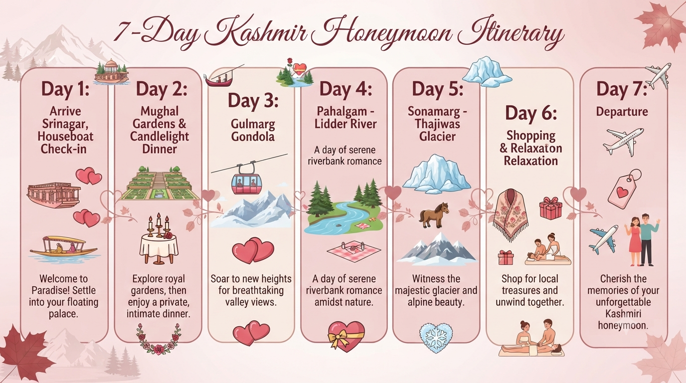 Honeymoon Jammu Kashmir Holiday Package 2026 | ₹20,000+ | Romantic Tours 11 Honeymoon Jammu Kashmir holiday package - 7-day romantic itinerary