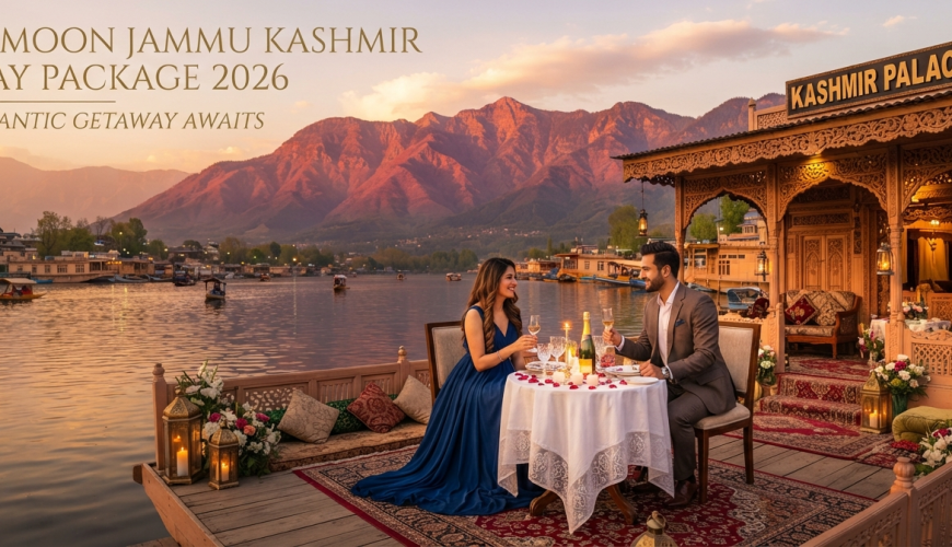 Honeymoon Jammu Kashmir holiday package - romantic couple on houseboat with candlelight dinner on Dal Lake with Nature Connect Travels