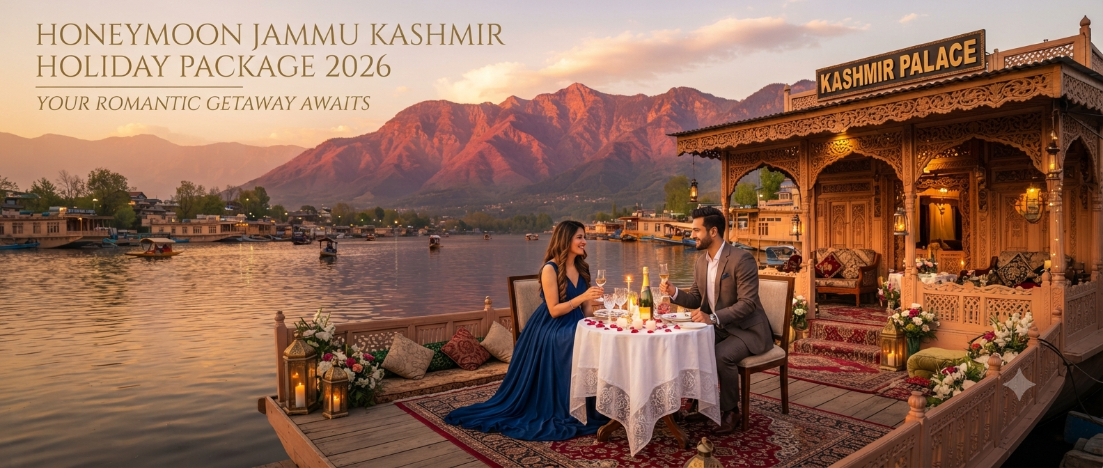 Honeymoon Jammu Kashmir holiday package - romantic couple on houseboat with candlelight dinner on Dal Lake with Nature Connect Travels