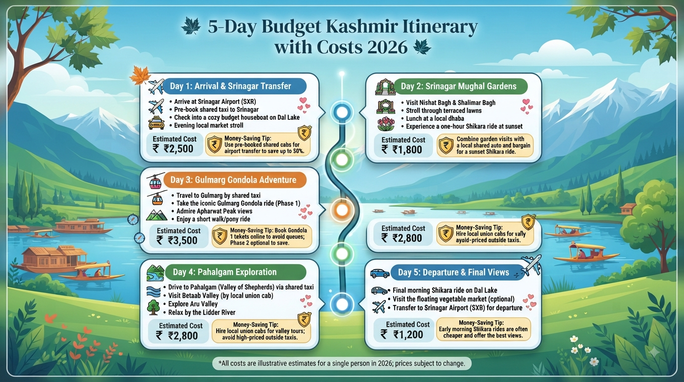 How much does a Kashmir trip cost - 5-day budget itinerary infographic