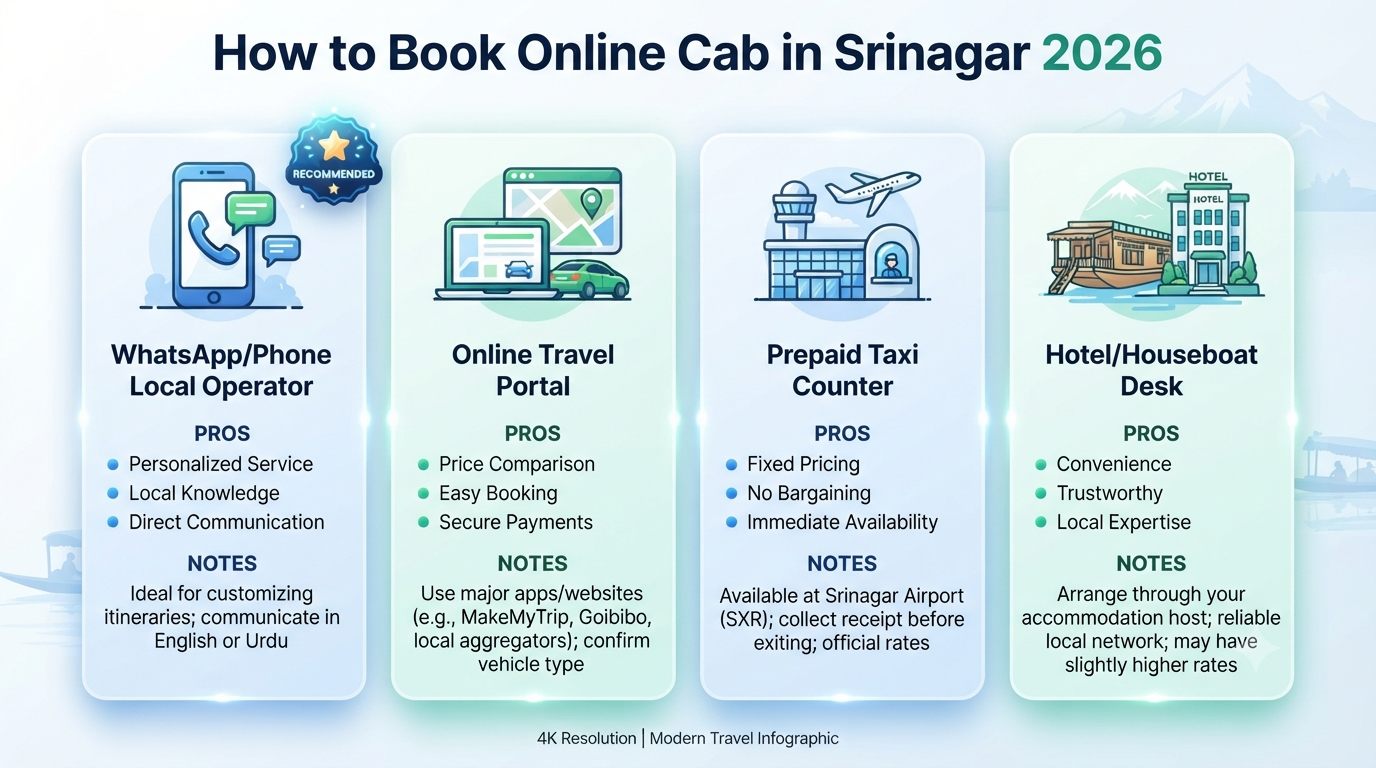 Book Online Cab in Srinagar 2026 | ₹2,200/day | Easy Booking 9 How to book online cab in Srinagar - online cab booking options infographic WhatsApp operator online portal prepaid counter hotel desk