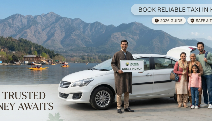 How to book reliable taxi in Kashmir - professional driver with clean sedan at scenic location Nature Connect Travels