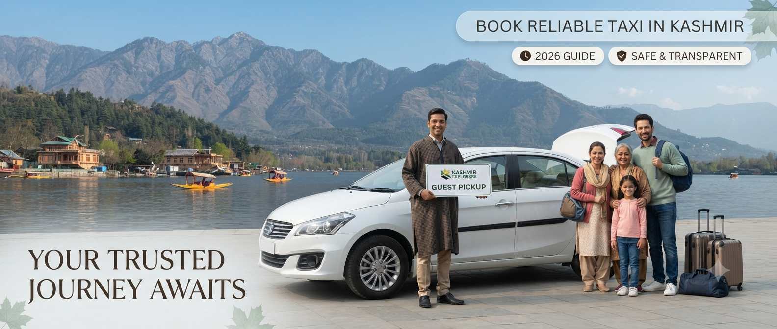 How to book reliable taxi in Kashmir - professional driver with clean sedan at scenic location Nature Connect Travels