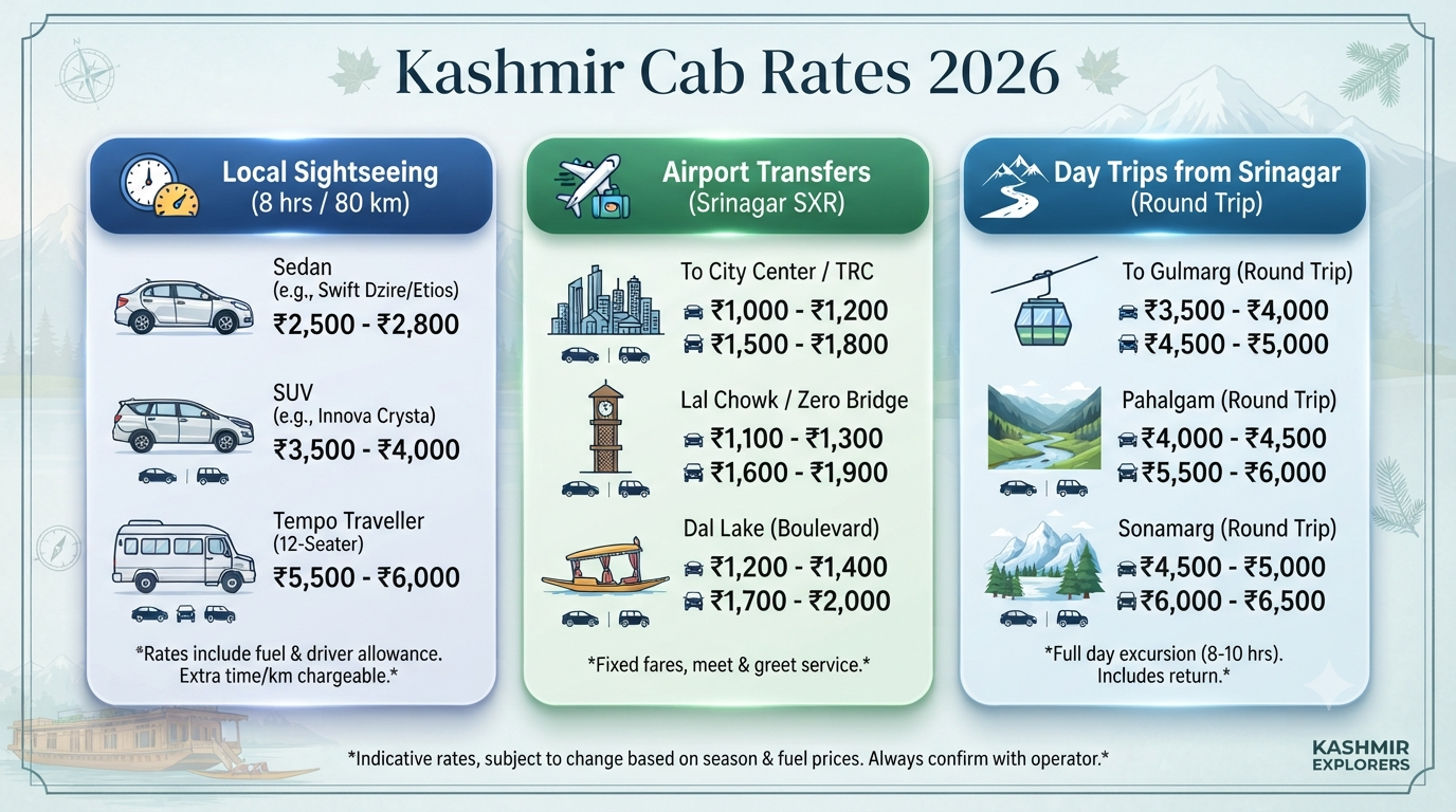 How to hire a cab in Kashmir - cab rates infographic local sightseeing airport transfers day trips