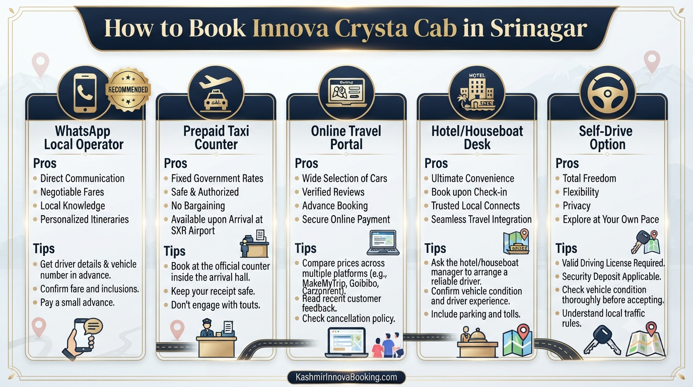 Innova Crysta Cab Service in Srinagar 2026 | ₹3,900-₹6,500/Day 11 Innova Crysta cab service in Srinagar - booking methods infographic WhatsApp operator prepaid counter online portal hotel desk