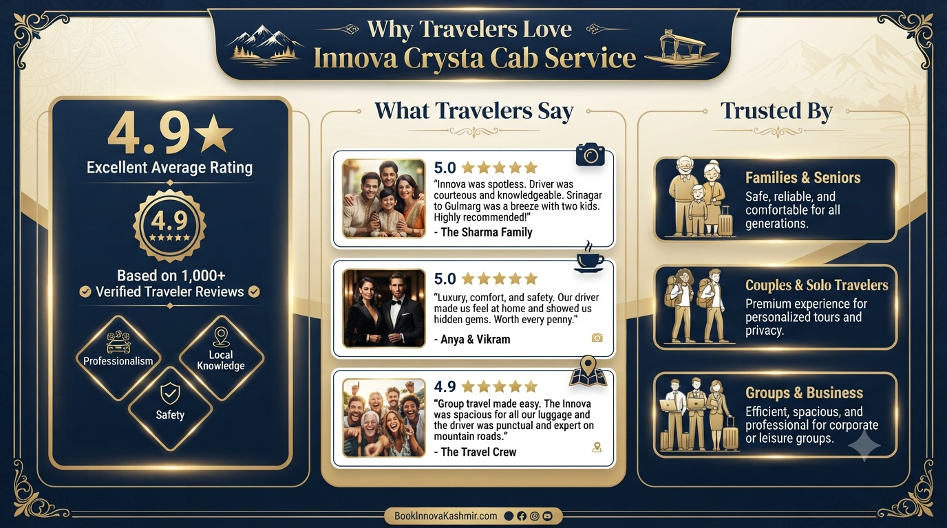 Innova Crysta Cab Service in Srinagar 2026 | ₹3,900-₹6,500/Day 12 Innova Crysta cab service in Srinagar - customer reviews infographic professional service clean vehicles local knowledge safety