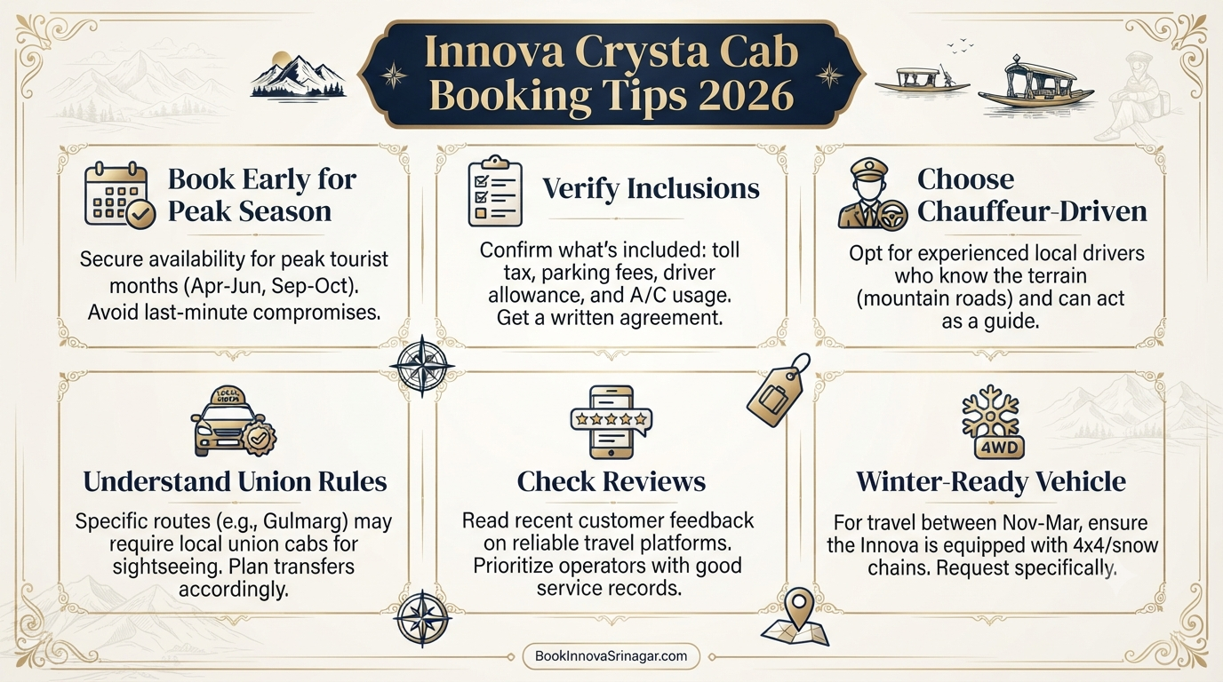 Innova Crysta Cab Service in Srinagar 2026 | ₹3,900-₹6,500/Day 13 Innova Crysta cab service in Srinagar - essential tips infographic