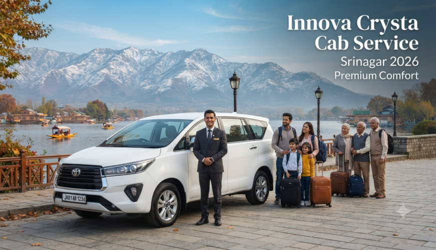 Innova Crysta cab service in Srinagar - premium Innova Crysta with driver at scenic Dal Lake location Nature Connect Travels