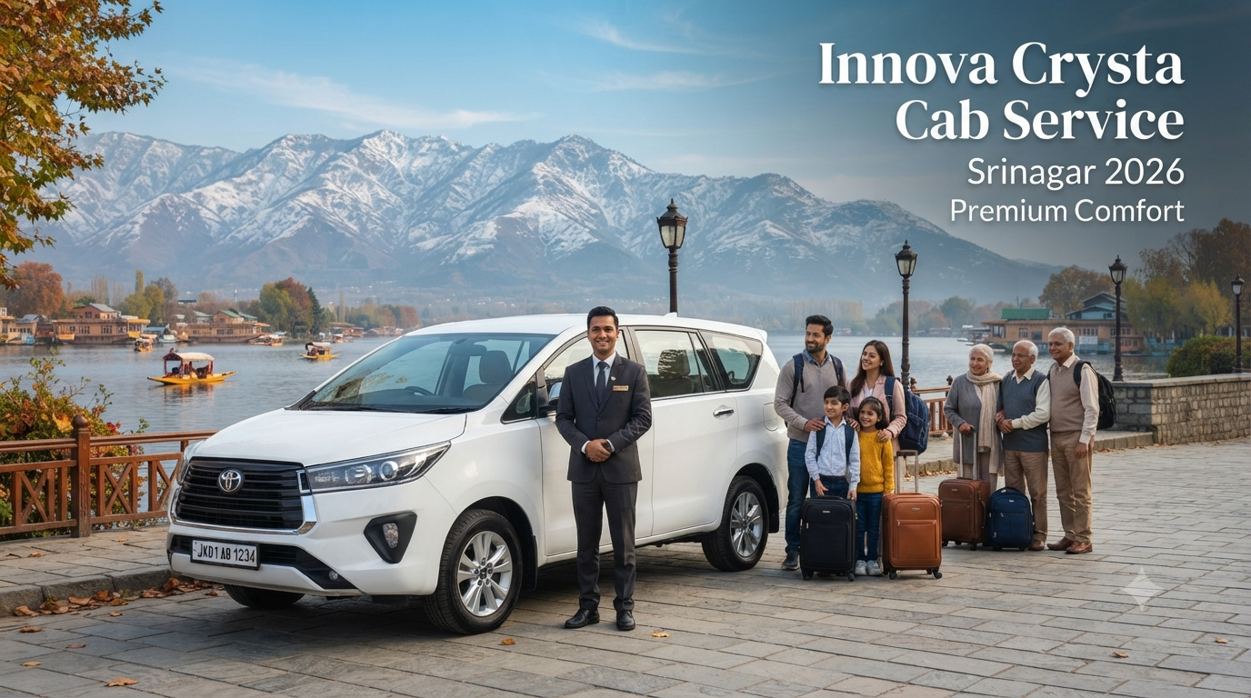 Innova Crysta cab service in Srinagar - premium Innova Crysta with driver at scenic Dal Lake location Nature Connect Travels