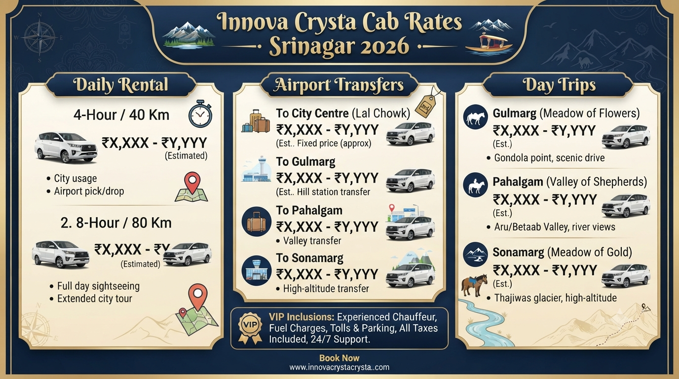 Innova Crysta Cab Service in Srinagar 2026 | ₹3,900-₹6,500/Day 10 Innova Crysta cab service in Srinagar - pricing comparison infographic daily rental airport transfers day trips