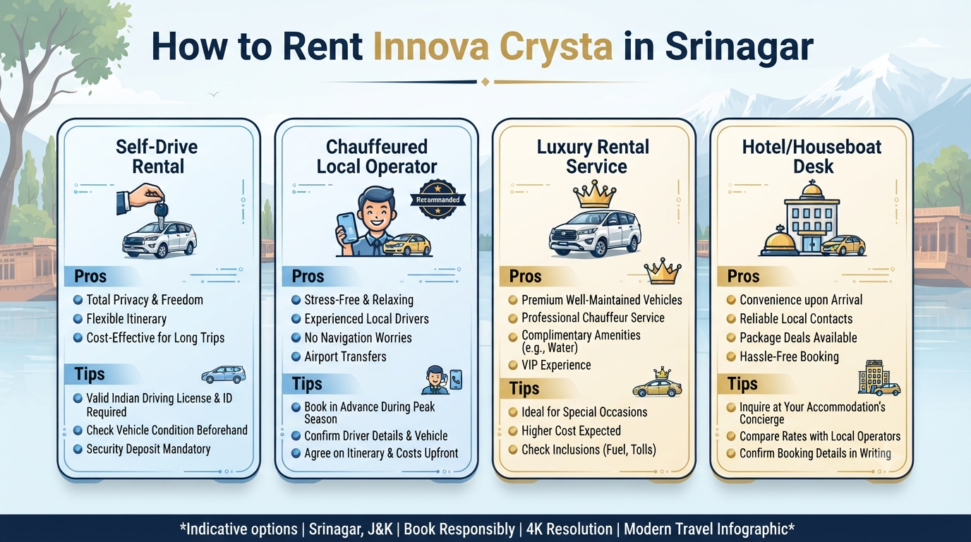 Innova Crysta Rent in Srinagar 2026 | ₹2,499-₹8,500/day 12 Innova Crysta rent in Srinagar - how to rent infographic self-drive chauffeured operator luxury service hotel desk