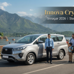 Innova Crysta rent in Srinagar - luxury white Innova Crysta with driver at scenic Kashmir location Nature Connect Travels
