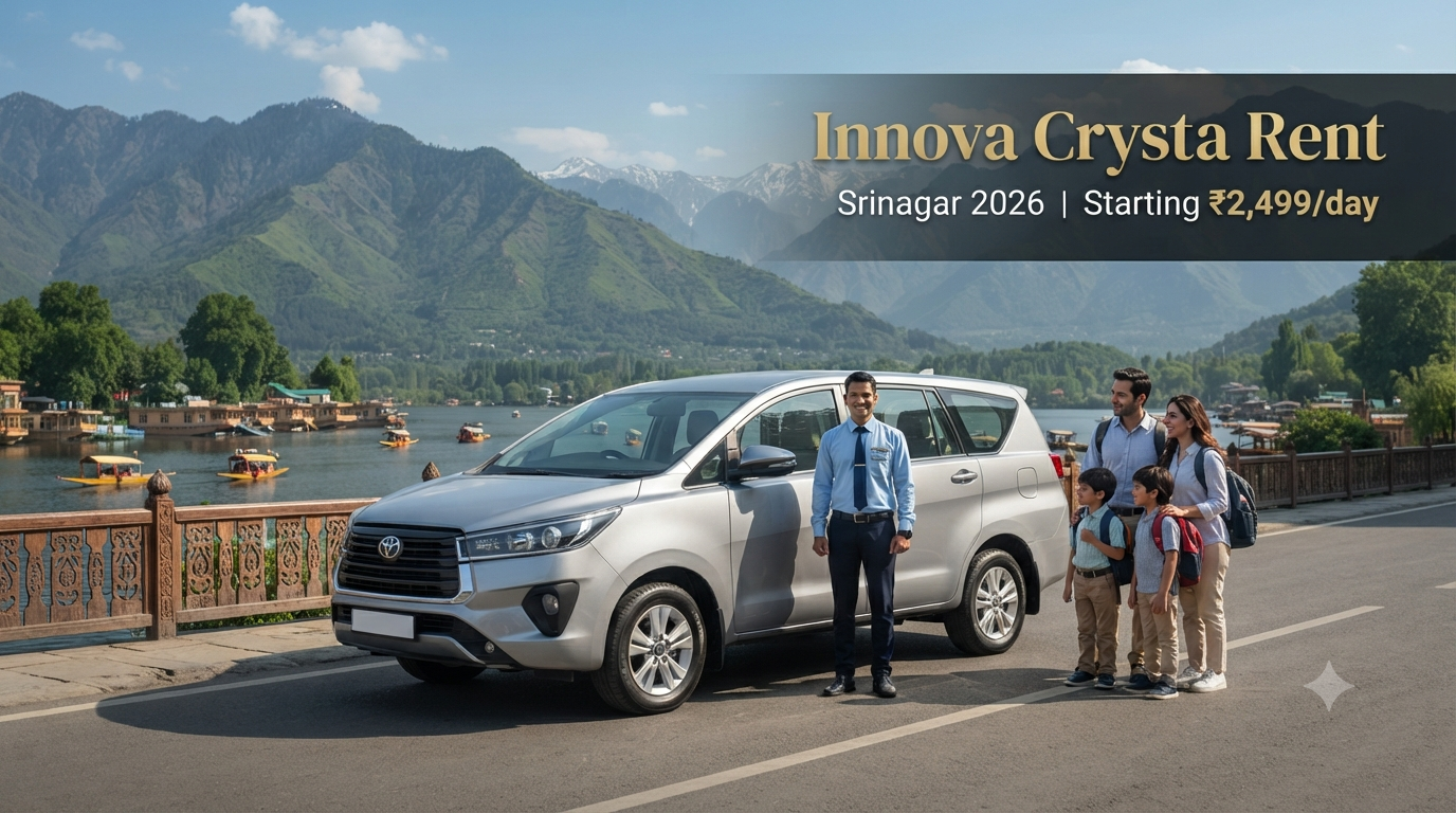 Innova Crysta rent in Srinagar - luxury white Innova Crysta with driver at scenic Kashmir location Nature Connect Travels