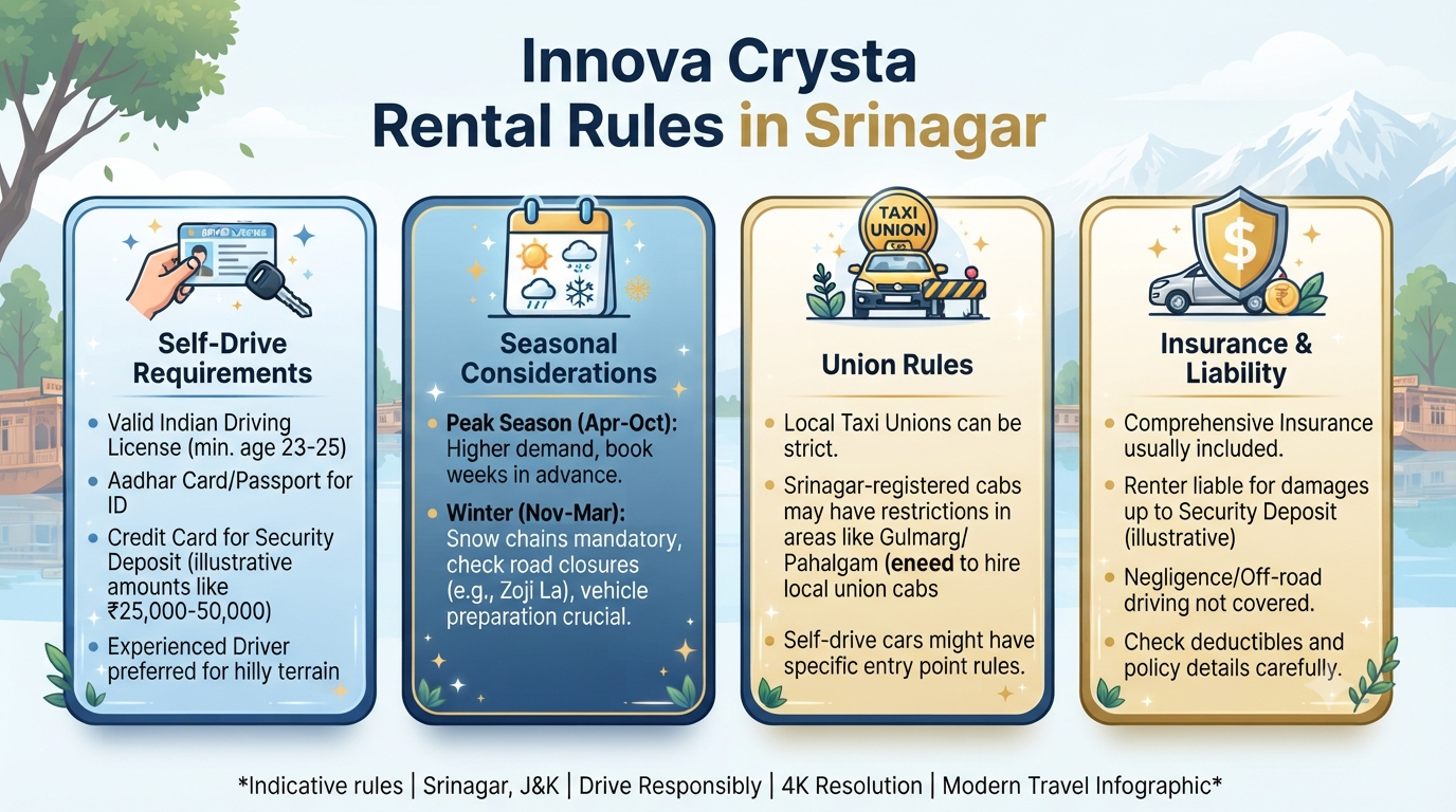 Innova Crysta Rent in Srinagar 2026 | ₹2,499-₹8,500/day 13 Innova Crysta rent in Srinagar - rental rules infographic self-drive seasonal union rules insurance