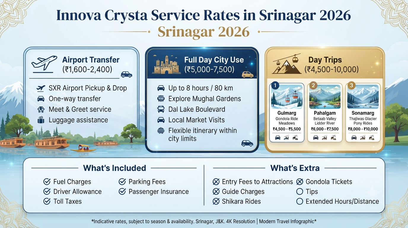 Innova Crysta Rent in Srinagar 2026 | ₹2,499-₹8,500/day 11 Innova Crysta rent in Srinagar - service rates infographic airport transfer full day city use day trips