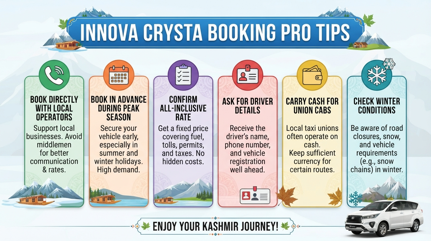 Innova Crysta taxi in Kashmir - booking tips infographic
