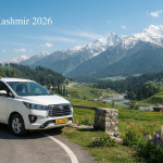 Innova Crysta taxi in Kashmir - premium white SUV on scenic mountain road